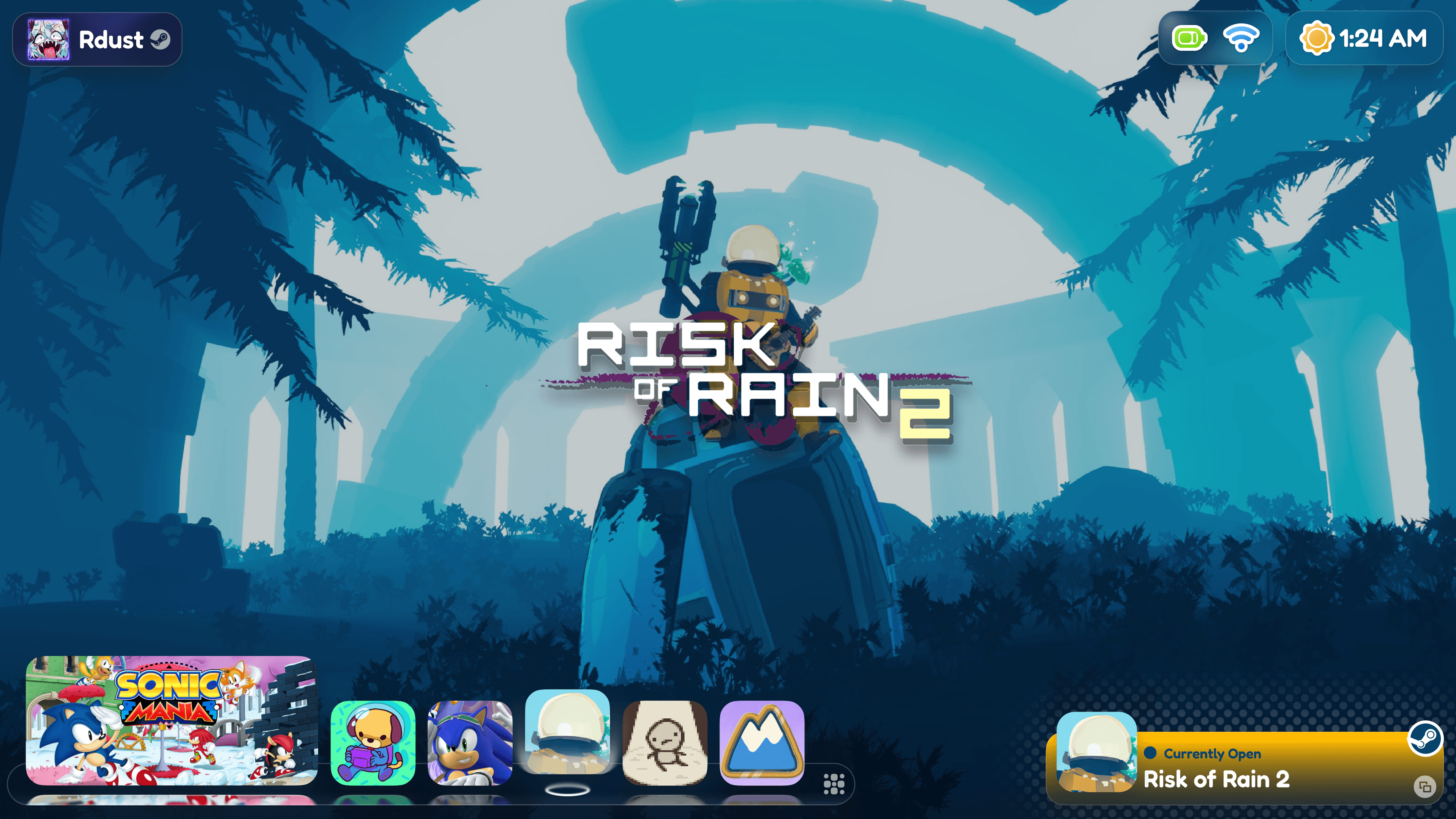 Image of a frontend home screen, featuring an app drawer, an achievement list, and icons.